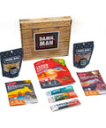 Adventure Tour Nut and Meat Gift Box with Damn, Man Snacks featuring Thai Chili, Coco Curry Flavored Nuts, and gourmet meats