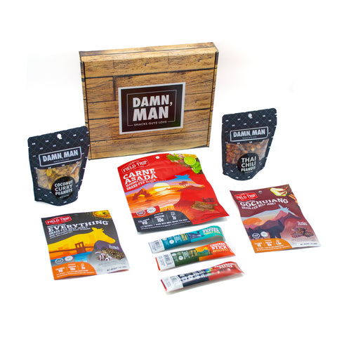 Adventure Tour Nut and Meat Gift Box with Damn, Man Snacks featuring Thai Chili, Coco Curry Flavored Nuts, and gourmet meats