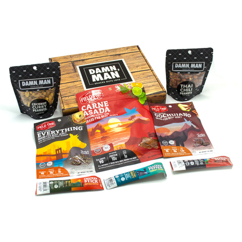 Damn, Man Snacks Adventure Tour Nut and Meat Gift Box with handcrafted kettle-cooked nuts and mouthwatering meats