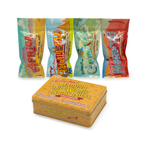 Around the World Spicy Nuts Sampler Tin with four global spice packets