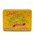 Around the World Spicy Nuts Sampler Tin featuring African Piri Piri, Thai Coconut Curry, Caribbean Jerk, and Moroccan Harissa Lime