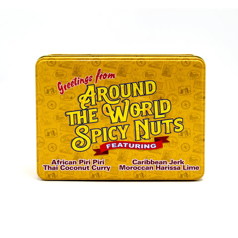 Around the World Spicy Nuts Sampler Tin featuring African Piri Piri, Thai Coconut Curry, Caribbean Jerk, and Moroccan Harissa Lime