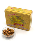 Around the World Spicy Nuts Sampler Tin with gourmet nuts in a bowl featuring global spice flavors.