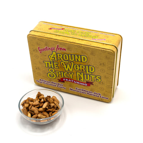 Around the World Spicy Nuts Sampler Tin with gourmet nuts in a bowl featuring global spice flavors.