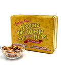 Around the World Spicy Nuts Sampler Tin with global flavors next to a bowl of gourmet nuts