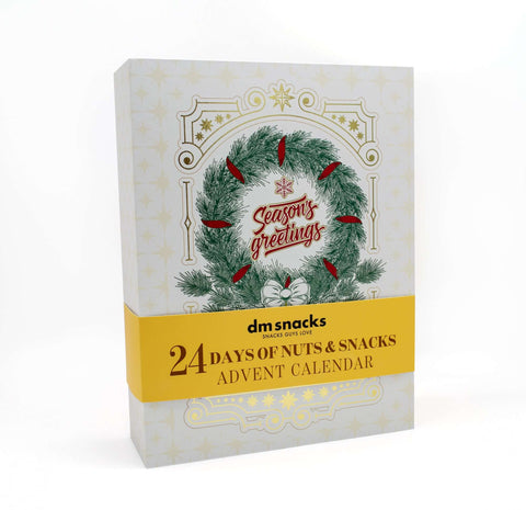 24 Days of Nuts & Snacks Holiday Advent Calendar box with festive wreath design and "Season's Greetings" message