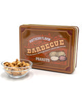 Southern BBQ Peanuts Men's Gift Tin with Texas, Memphis, and Carolina BBQ flavors beside a bowl of gourmet roasted peanuts