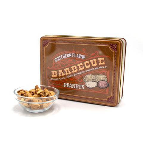 Southern BBQ Peanuts Men's Gift Tin with Texas, Memphis, and Carolina BBQ flavors beside a bowl of gourmet roasted peanuts