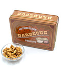 Southern BBQ Peanuts Men's Gift Tin with a bowl of roasted gourmet peanuts featuring Texas, Memphis, and Carolina BBQ flavors.