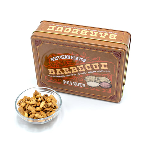 Southern BBQ Peanuts Men's Gift Tin with a bowl of roasted gourmet peanuts featuring Texas, Memphis, and Carolina BBQ flavors.