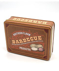 Southern BBQ Peanuts Men's Gift Tin featuring Texas, Memphis, and Carolina BBQ flavors in a brown tin with illustrated peanuts.