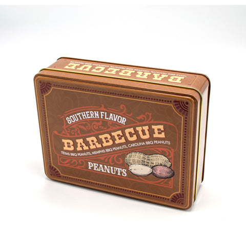 Southern BBQ Peanuts Men's Gift Tin featuring Texas, Memphis, and Carolina BBQ flavors in a brown tin with illustrated peanuts.