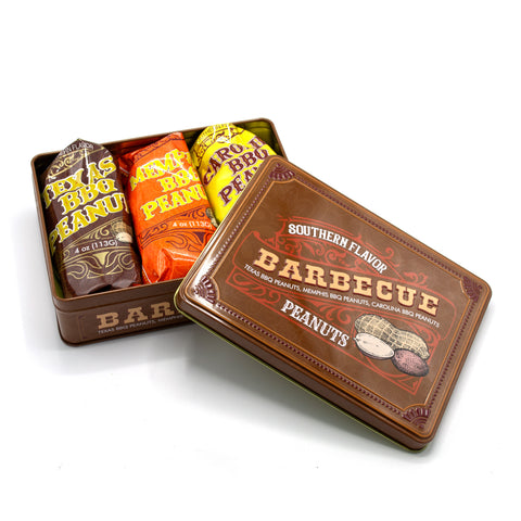 Southern BBQ peanuts men’s gift tin with Texas, Memphis, and Carolina BBQ flavors, gourmet peanuts in a brown tin