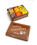 Southern BBQ Peanuts Men's Gift Tin with Texas, Memphis, and Carolina BBQ flavored peanuts in a brown decorative tin