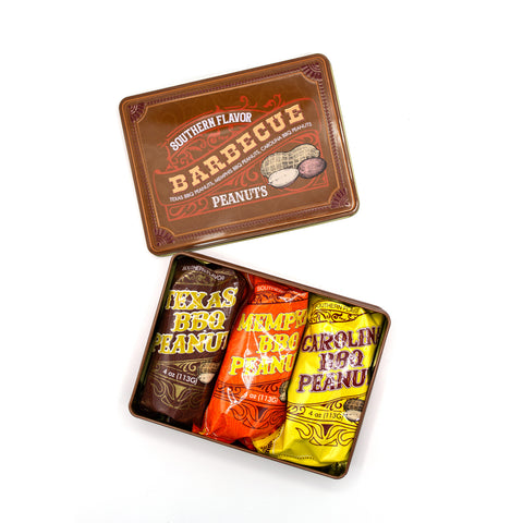 Southern BBQ Peanuts Tin with Texas, Memphis, and Carolina BBQ flavored peanuts, open top view.