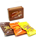 Southern BBQ Peanuts Men's Gift Tin with Texas, Memphis, and Carolina BBQ flavored peanut bags displayed.