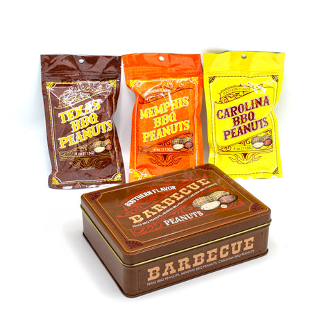 Southern BBQ Peanuts Men's Gift Tin with Texas, Memphis, and Carolina BBQ Peanuts packets