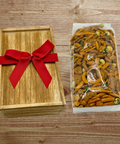 Wooden gift box with red bow and 1 lb Taproom Nut Mix snack pack