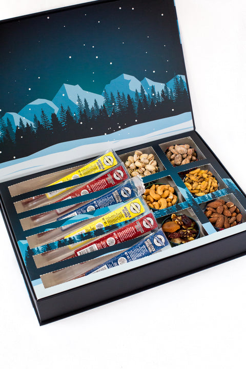 Savory Meat Sticks and Nut Medley holiday gift box with assorted gourmet nuts and meat sticks, perfect for a 12 Days of Winter Wonder countdown.