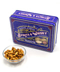 Spirits & Whisky Peanuts Men's Gift Tin featuring gourmet peanuts with moonshine, pale ale, and Kentucky bourbon flavors in a glass bowl.