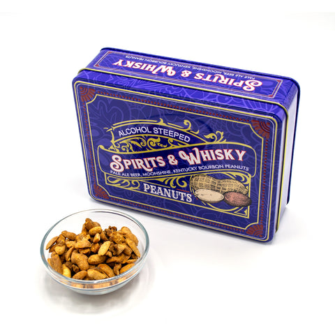 Spirits & Whisky Peanuts Men's Gift Tin featuring gourmet peanuts with moonshine, pale ale, and Kentucky bourbon flavors in a glass bowl.