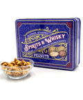 Spirits & Whisky Peanuts Men's Gift Tin with a bowl of gourmet roasted peanuts featuring beer, moonshine, and bourbon flavors.