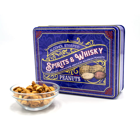 Spirits & Whisky Peanuts Men's Gift Tin with a bowl of gourmet roasted peanuts featuring beer, moonshine, and bourbon flavors.