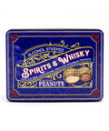 Spirits & Whisky Peanuts Men's Gift Tin featuring gourmet peanuts with beer, moonshine, and bourbon flavors in a blue decorative tin