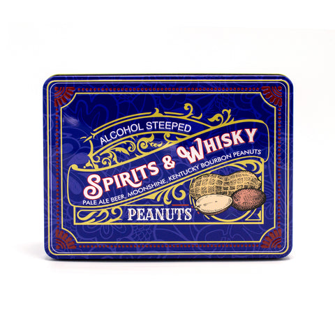 Spirits & Whisky Peanuts Men's Gift Tin featuring gourmet peanuts with beer, moonshine, and bourbon flavors in a blue decorative tin