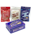 Spirits & Whisky Peanuts Men's Gift Tin with three flavored peanut bags: Kentucky Bourbon, Pale Ale, and Moonshine Mix.