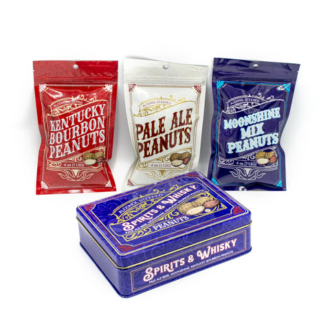 Spirits & Whisky Peanuts Men's Gift Tin with three flavored peanut bags: Kentucky Bourbon, Pale Ale, and Moonshine Mix.