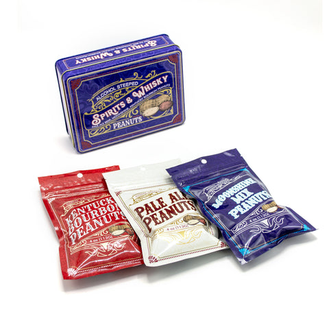 Spirits & Whisky Peanuts gift tin with bags of Kentucky Bourbon, Pale Ale, and Moonshine Mix flavored peanuts.