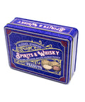 Spirits & Whisky Peanuts Tin with gourmet beer, moonshine, and bourbon flavored peanuts in a blue tin, ideal gift for men