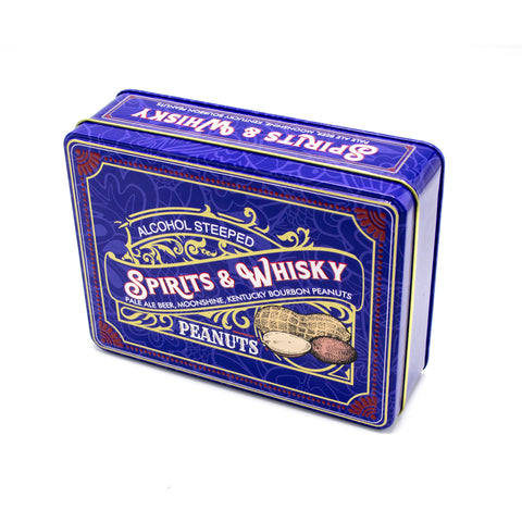 Spirits & Whisky Peanuts Tin with gourmet beer, moonshine, and bourbon flavored peanuts in a blue tin, ideal gift for men