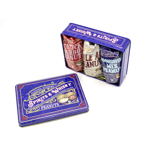 Spirits & Whisky Peanuts Men's Gift Tin with gourmet Moonshine Mix, Kentucky Bourbon, and Pale Ale flavored peanuts in blue tin.