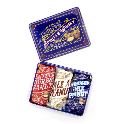 Spirits & Whisky Peanuts Men's Gift Tin with Kentucky Bourbon, Pale Ale, and Moonshine Mix flavors in a blue tin