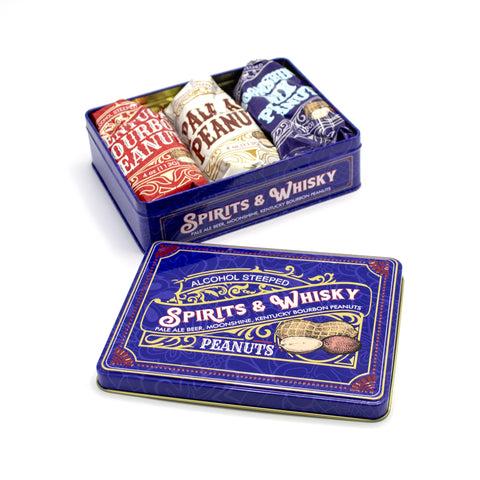 Spirits & Whisky Peanuts Tin with Moonshine, Pale Ale, and Kentucky Bourbon flavored gourmet peanut bags.