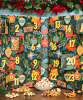 24 Days of Nuts & Snacks Holiday Advent Calendar with festive design and treats displayed in front, perfect for Christmas countdown.