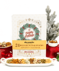 24 Days of Nuts & Snacks Holiday Advent Calendar with festive decorations and assorted nuts and snacks on a white platter.