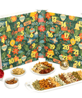 24 Days of Nuts & Snacks Holiday Advent Calendar with festive decorations and a variety of nuts and snacks displayed on a tray