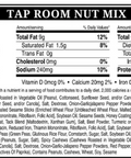 Tap Room Nut Mix nutritional facts and ingredients label on a 1-pound bag, showing serving size, calories, and nutritional information.