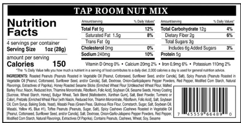 Tap Room Nut Mix nutritional facts and ingredients label on a 1-pound bag, showing serving size, calories, and nutritional information.